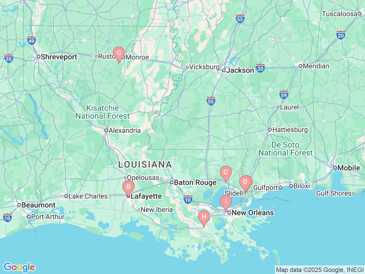 Map of Ochsner-affiliated facilities that provide services related to Congenital Heart Care