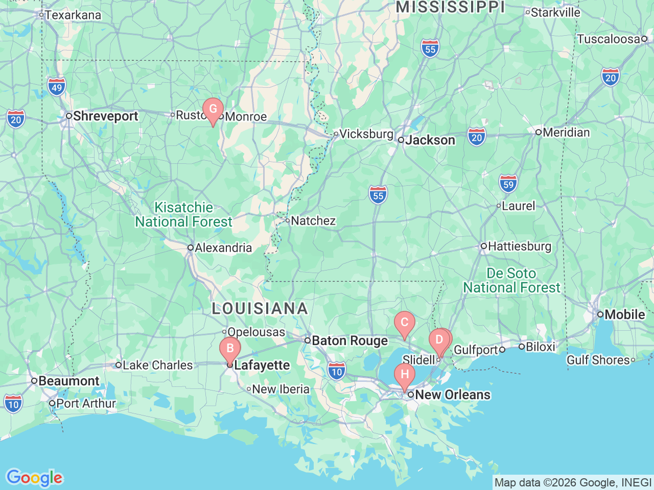 Map of Ochsner-affiliated facilities that provide services related to Congenital Heart Care