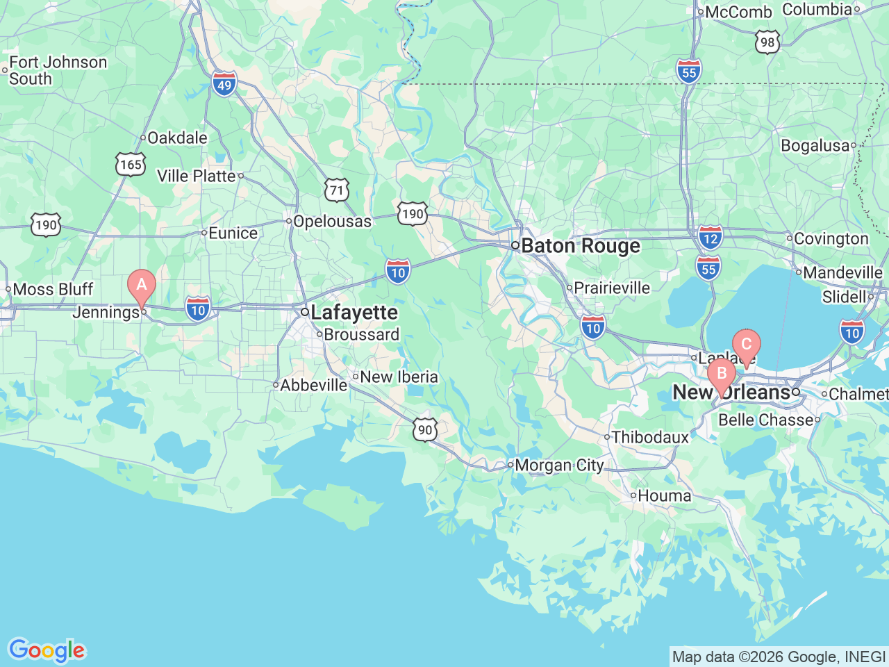 Map of Ochsner-affiliated facilities that provide services related to Critical Limb Ischemia (CLI)