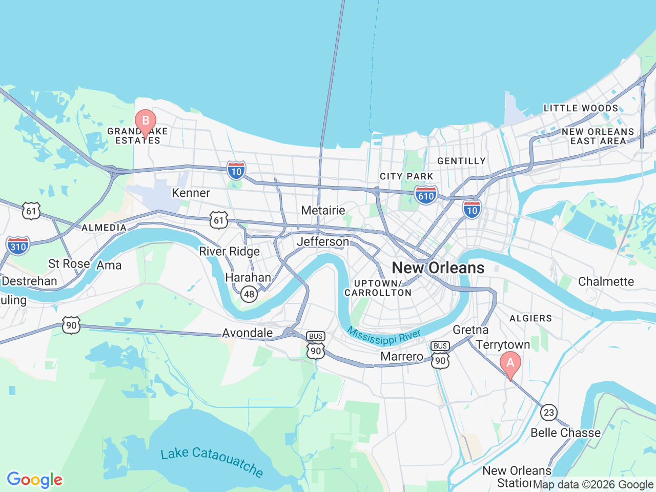 Map of Ochsner-affiliated facilities that provide services related to Critical Limb Ischemia (CLI)