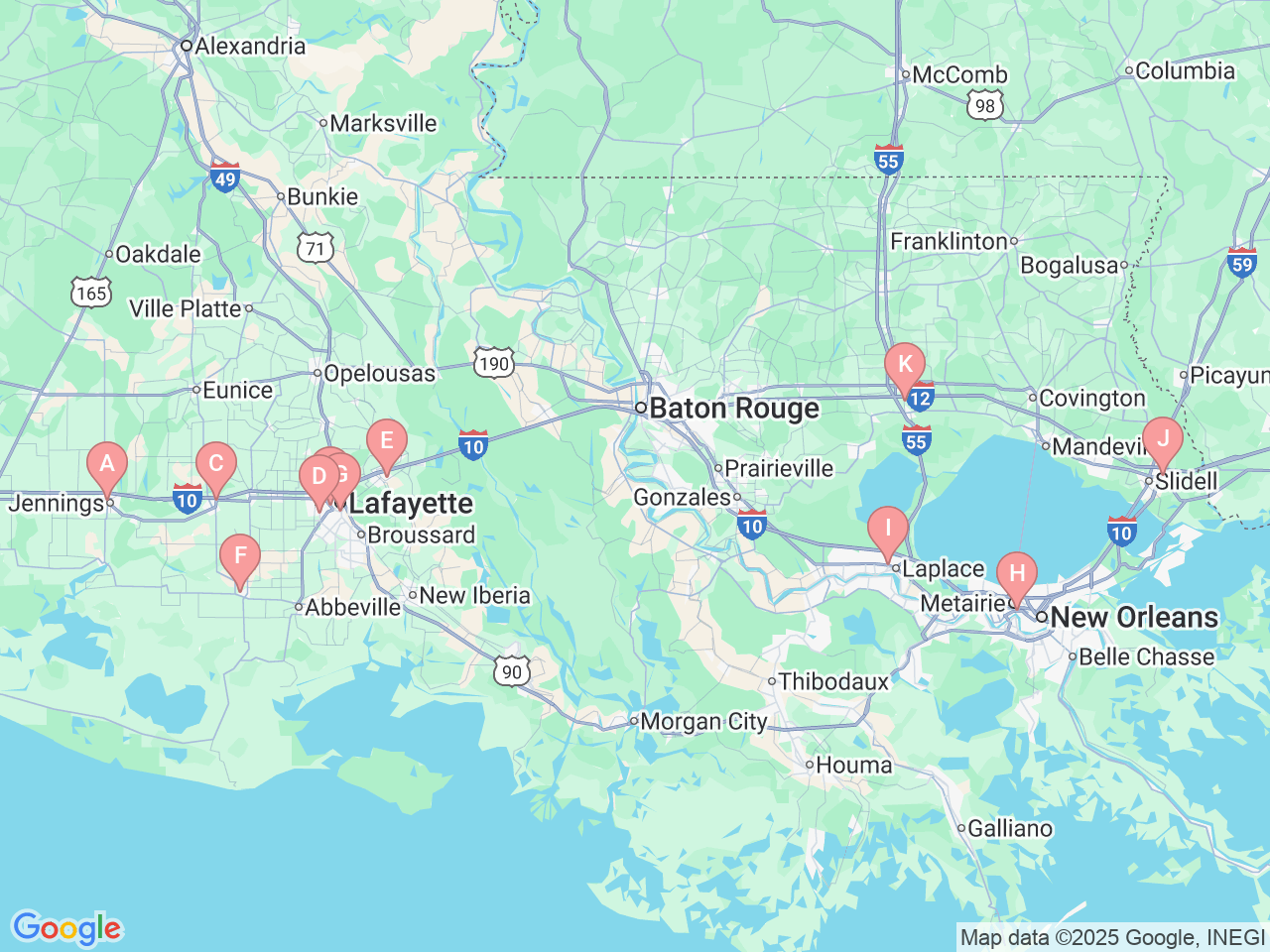 Map of Ochsner-affiliated facilities that provide services related to CT Scans