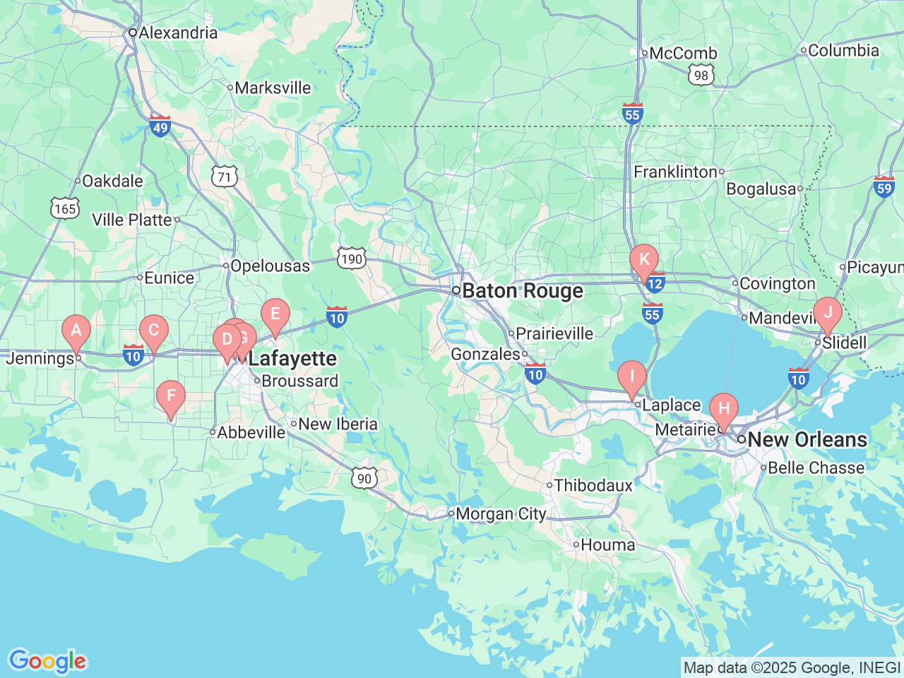 Map of Ochsner-affiliated facilities that provide services related to CT Scans