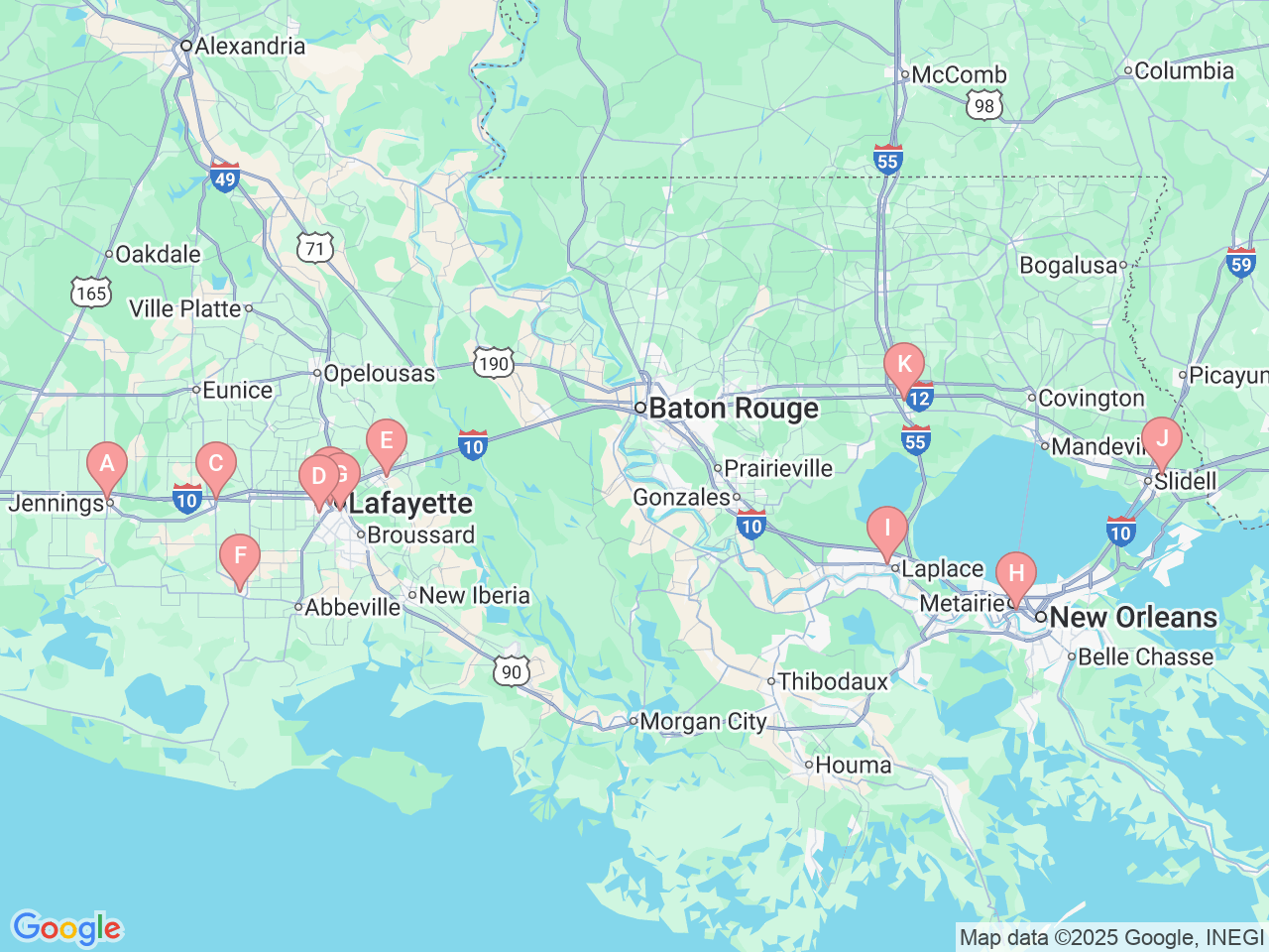 Map of Ochsner-affiliated facilities that provide services related to CT Scans