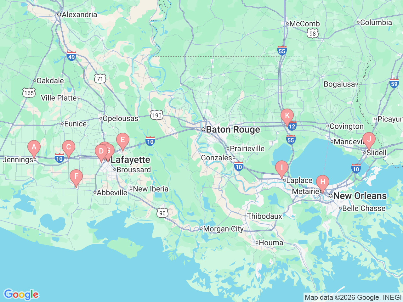 Map of Ochsner-affiliated facilities that provide services related to CT Scans