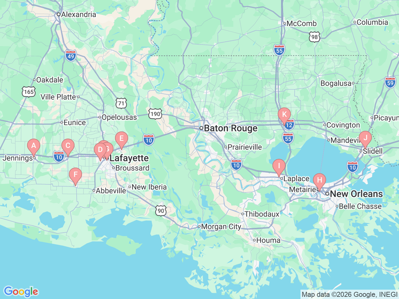 Map of Ochsner-affiliated facilities that provide services related to CT Scans