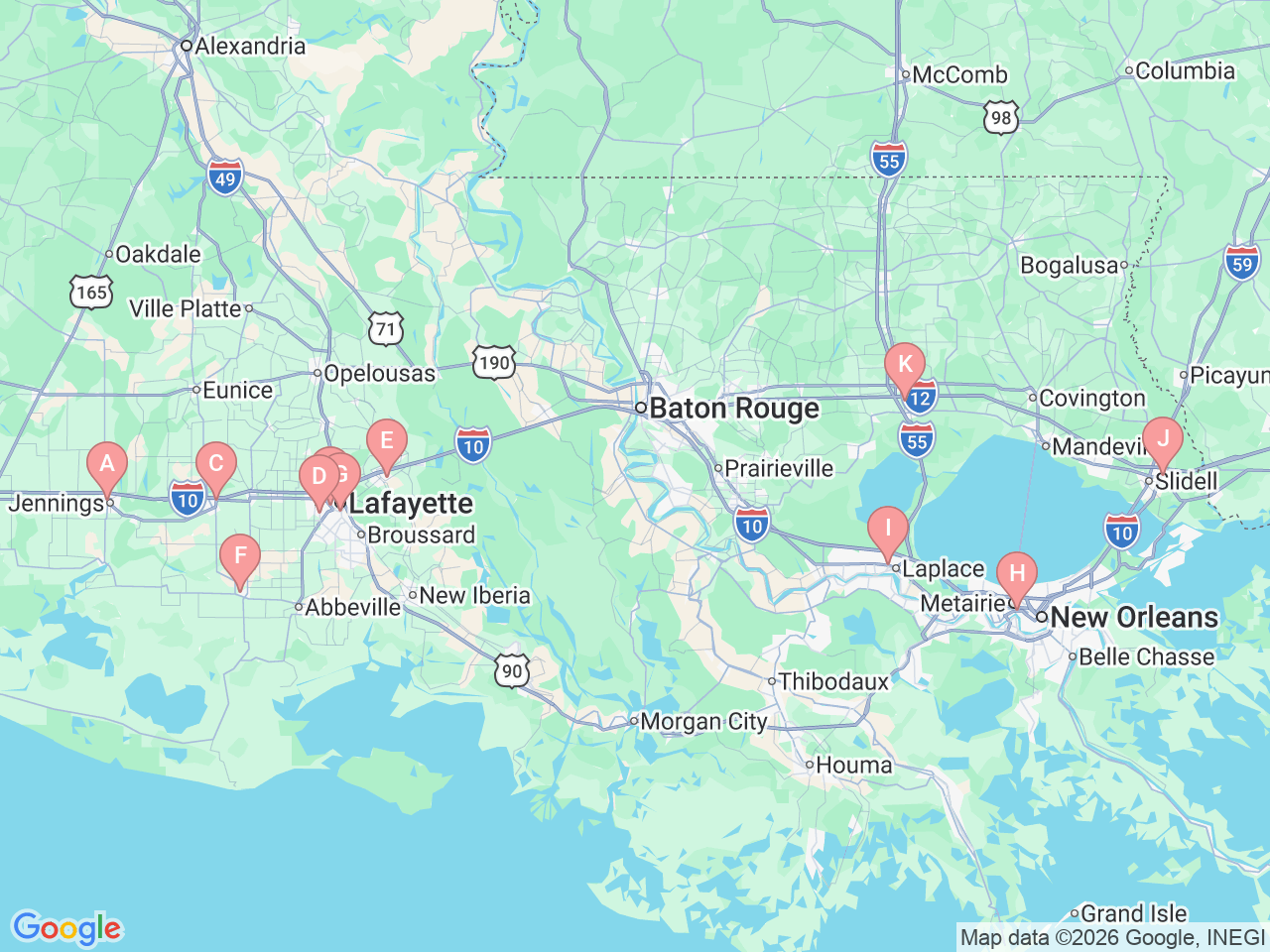 Map of Ochsner-affiliated facilities that provide services related to CT Scans