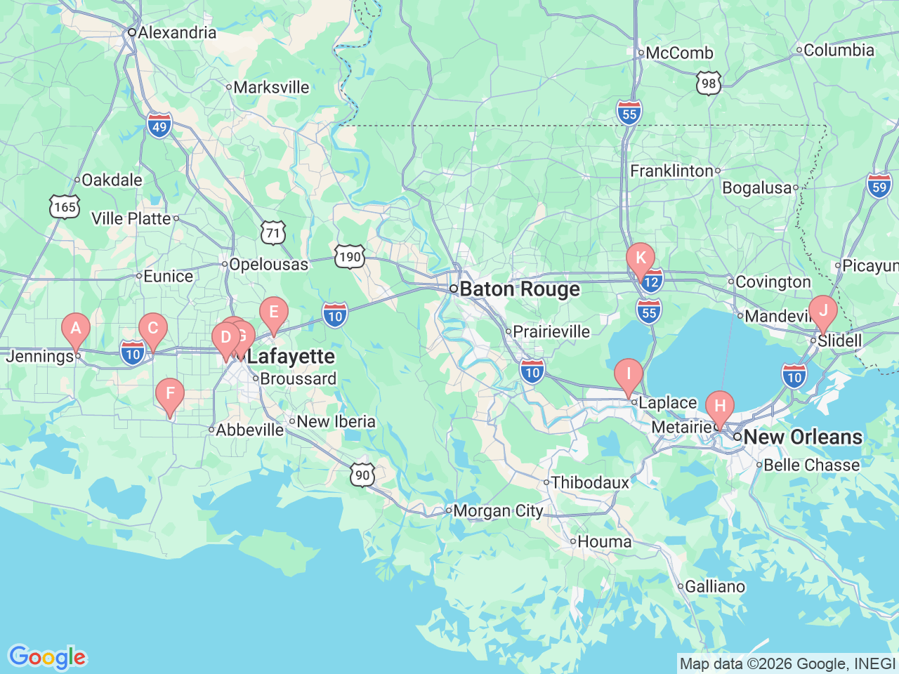 Map of Ochsner-affiliated facilities that provide services related to CT Scans