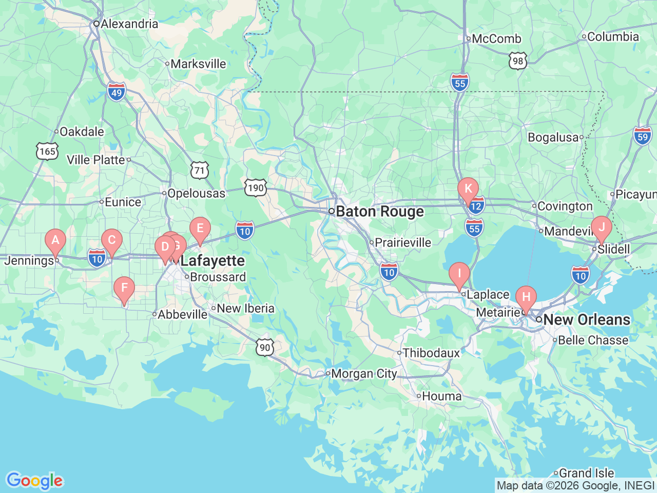 Map of Ochsner-affiliated facilities that provide services related to CT Scans