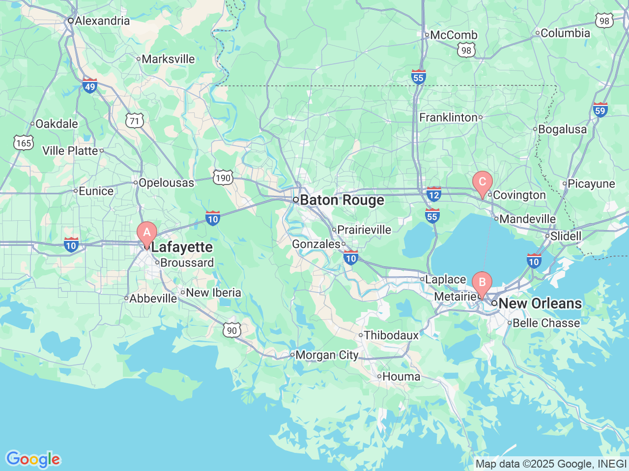 Map of Ochsner-affiliated facilities that provide services related to Deep Brain Stimulation
