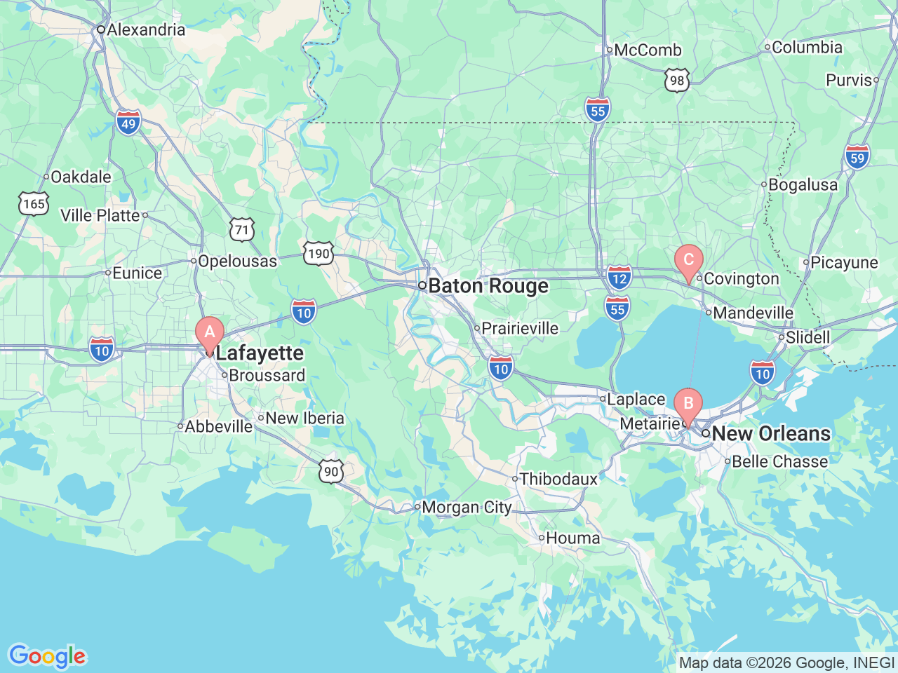 Map of Ochsner-affiliated facilities that provide services related to Deep Brain Stimulation