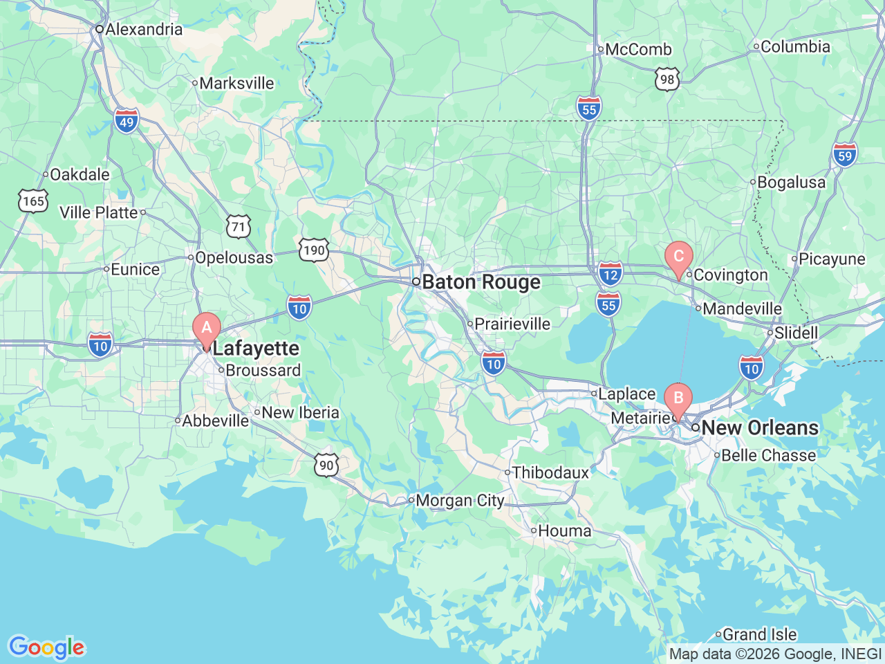 Map of Ochsner-affiliated facilities that provide services related to Deep Brain Stimulation