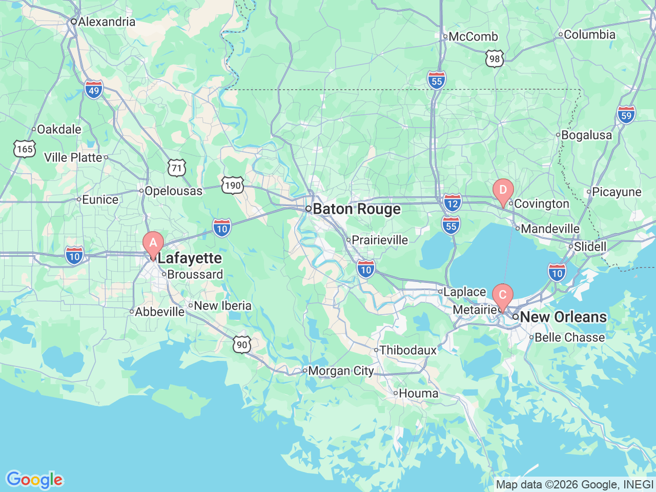 Map of Ochsner-affiliated facilities that provide services related to Deep Brain Stimulation