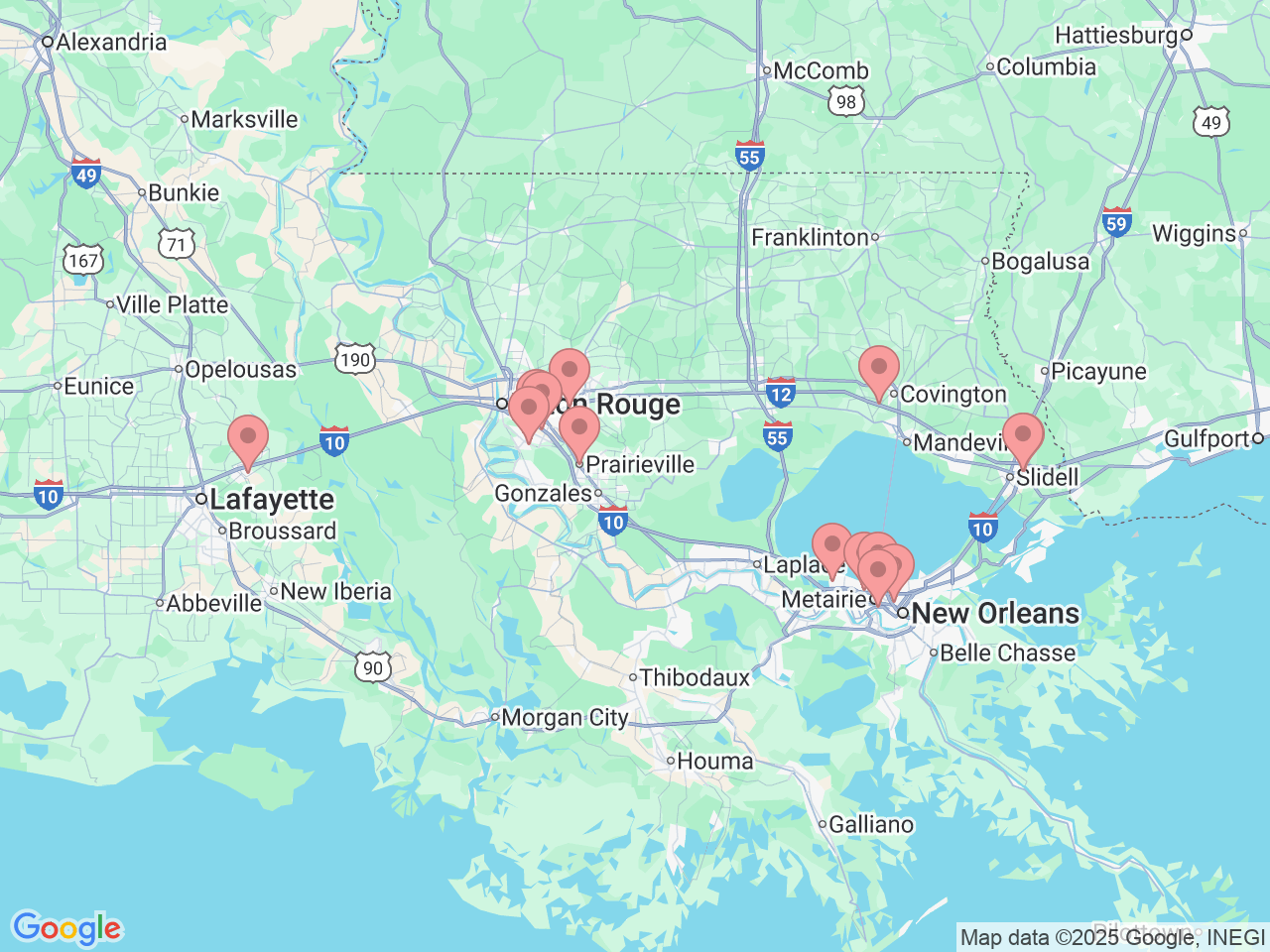 Map of Ochsner-affiliated facilities that provide services related to Dermatology