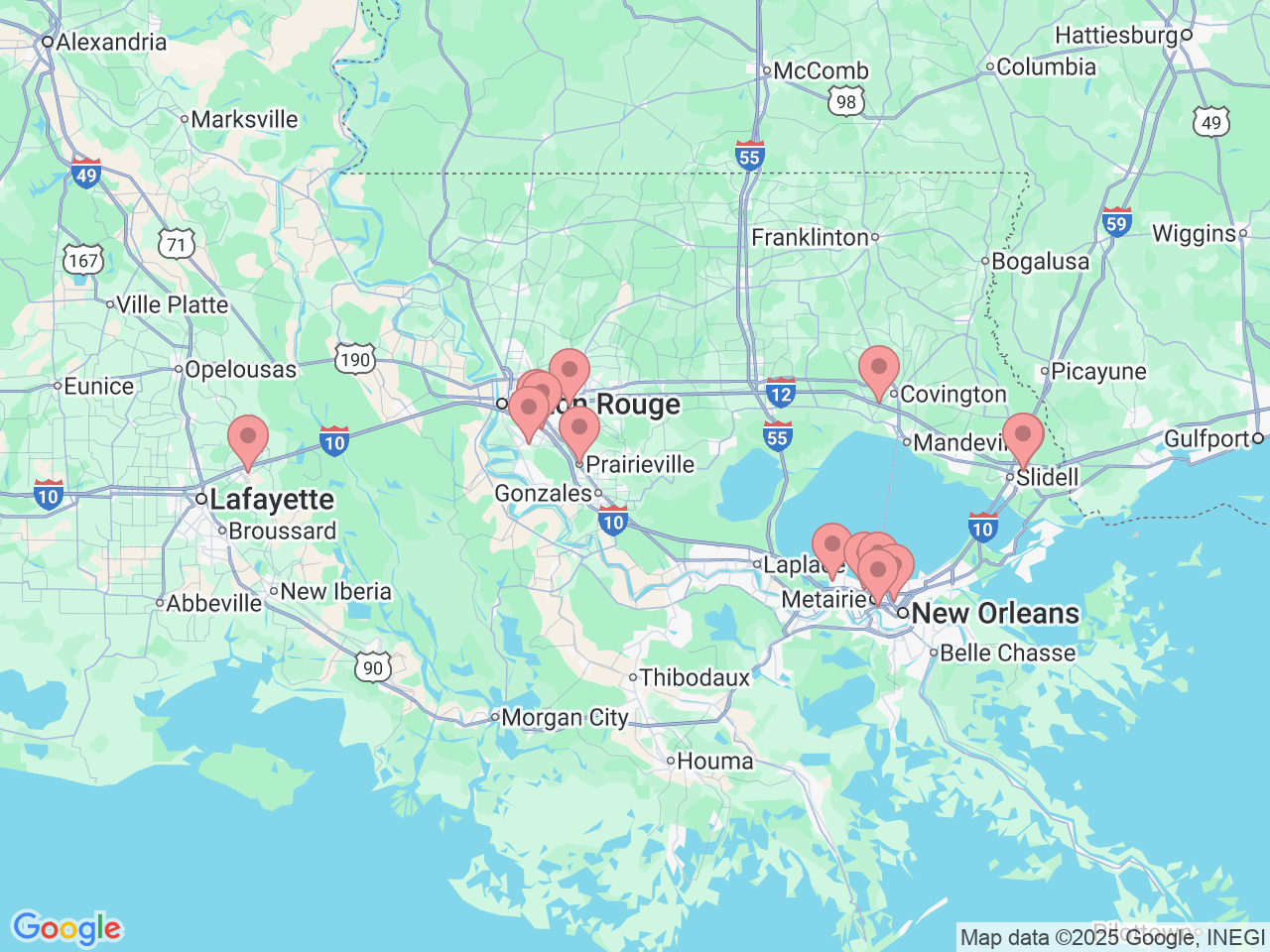Map of Ochsner-affiliated facilities that provide services related to Dermatology