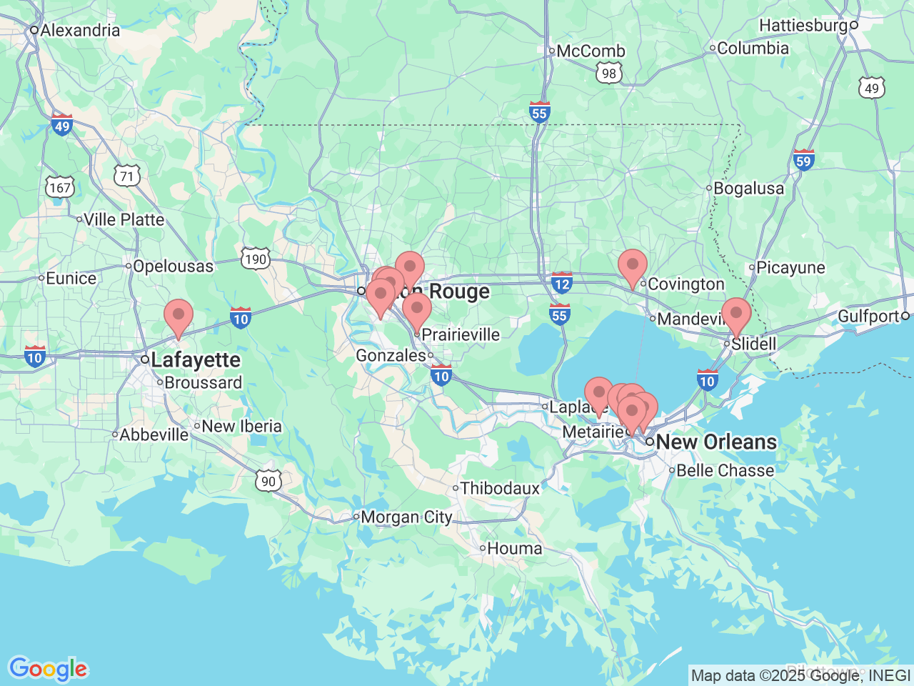 Map of Ochsner-affiliated facilities that provide services related to Dermatology