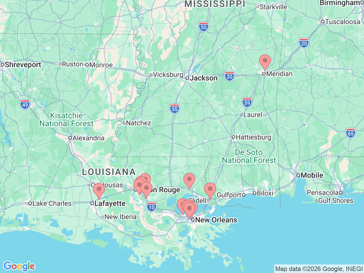 Map of Ochsner-affiliated facilities that provide services related to Dermatology