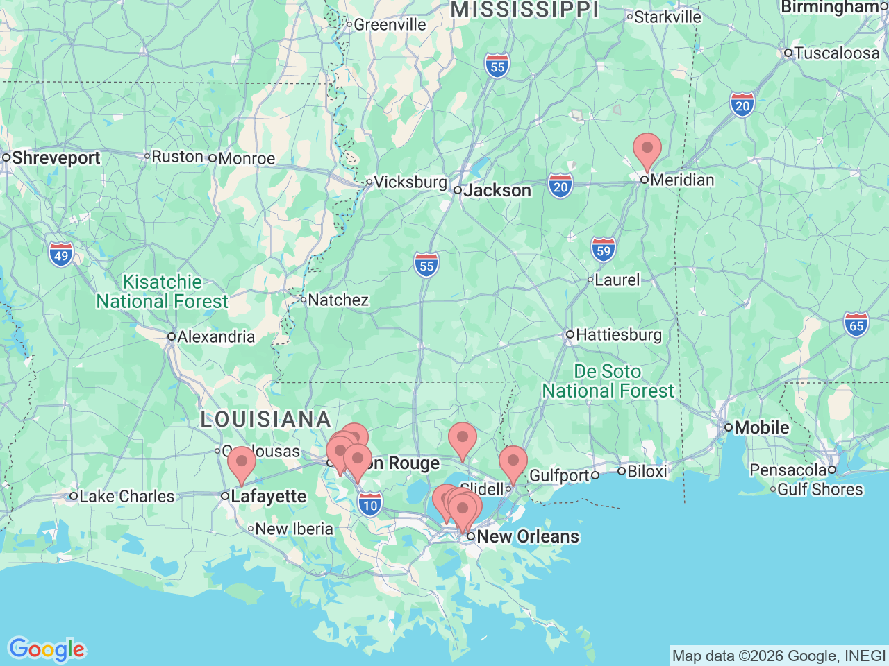 Map of Ochsner-affiliated facilities that provide services related to Dermatology