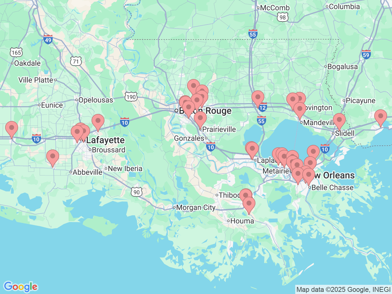 Map of Ochsner-affiliated facilities that provide services related to Diabetes Care and Education