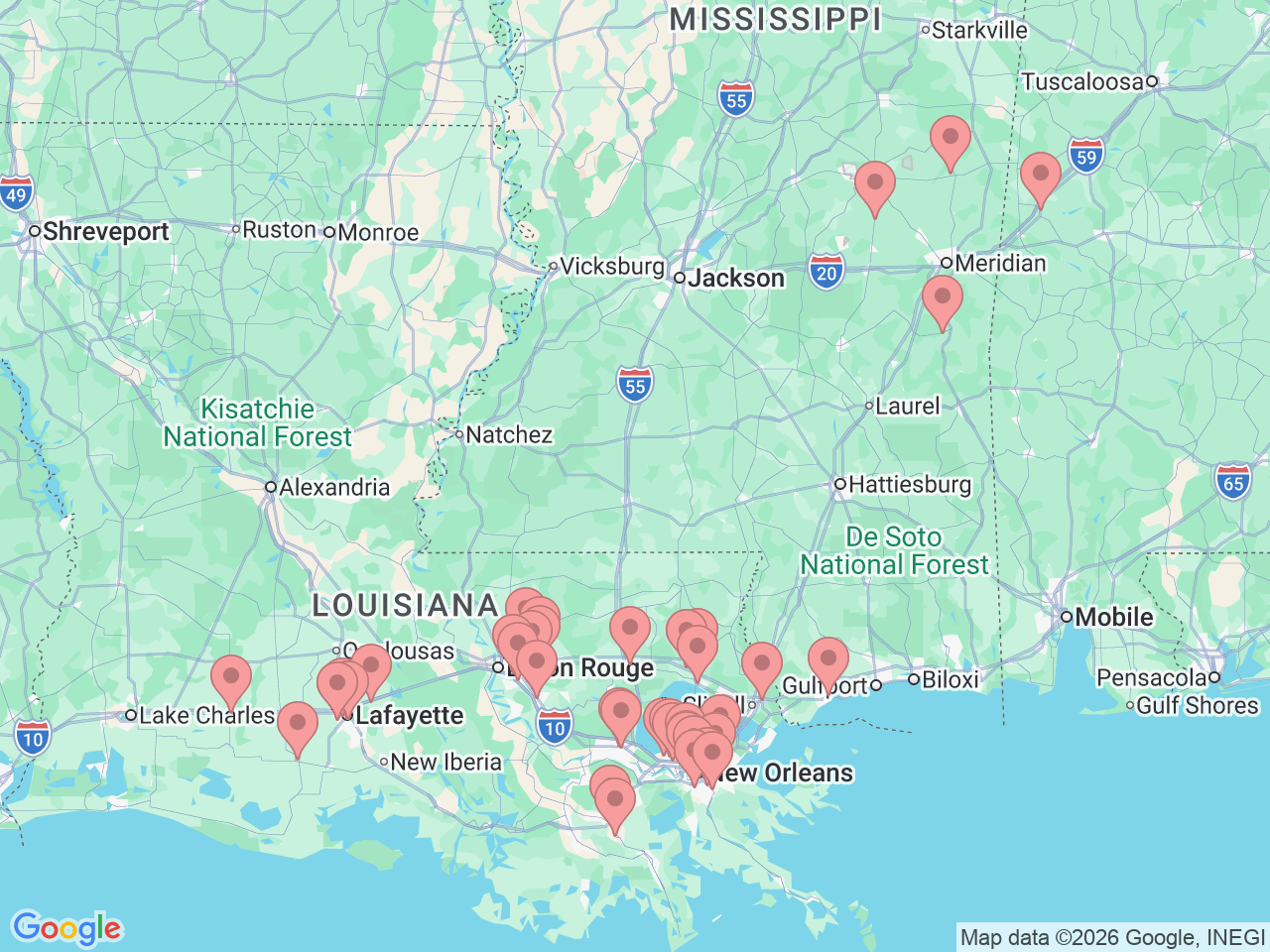 Map of Ochsner-affiliated facilities that provide services related to Diabetes Care and Education