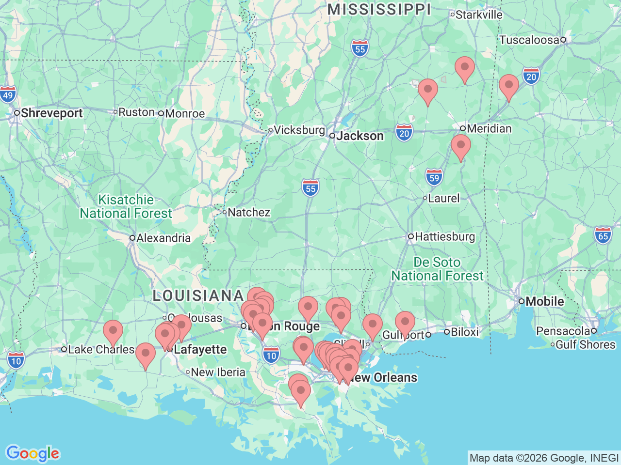 Map of Ochsner-affiliated facilities that provide services related to Diabetes Care and Education