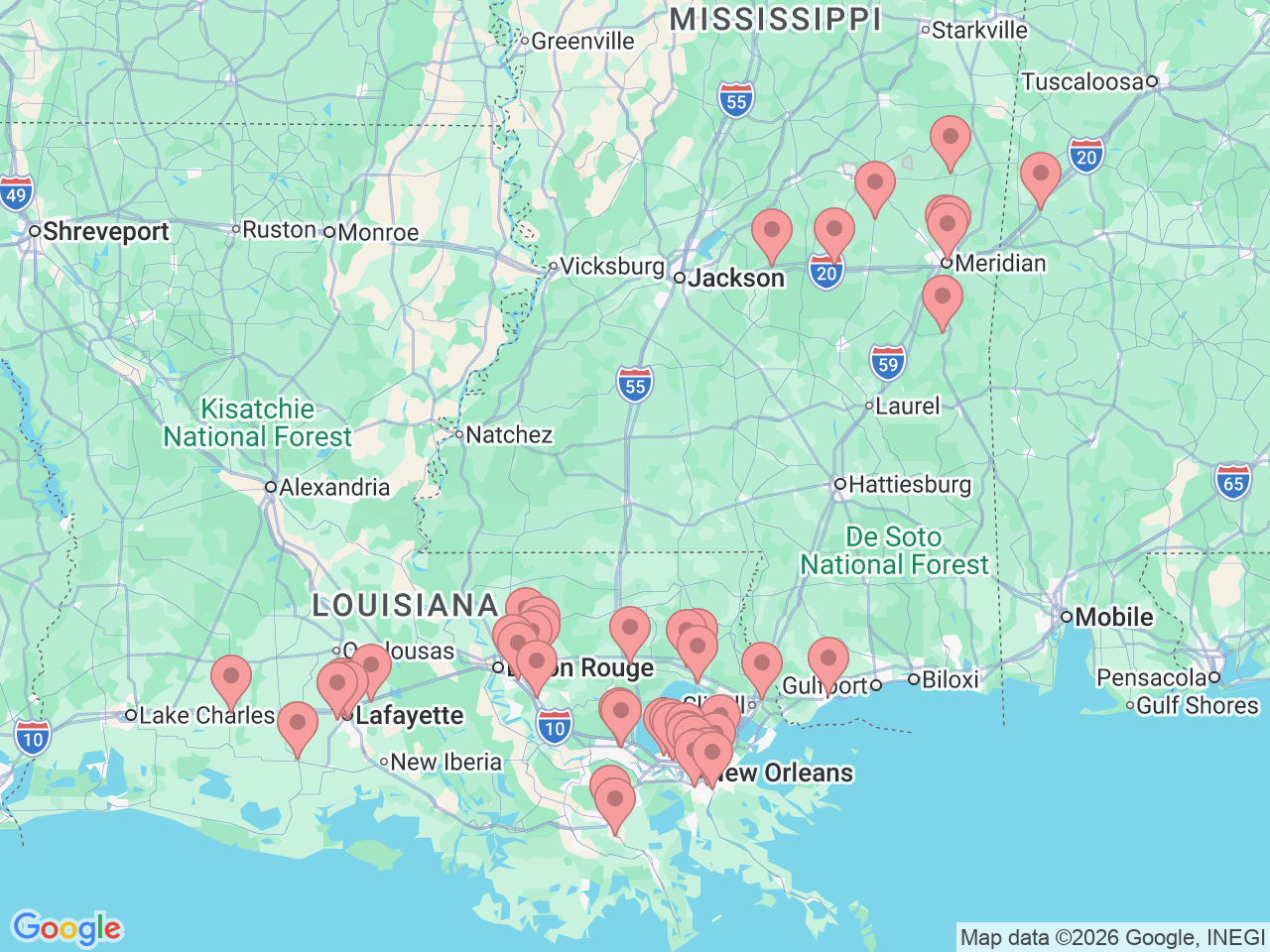 Map of Ochsner-affiliated facilities that provide services related to Diabetes Care and Education
