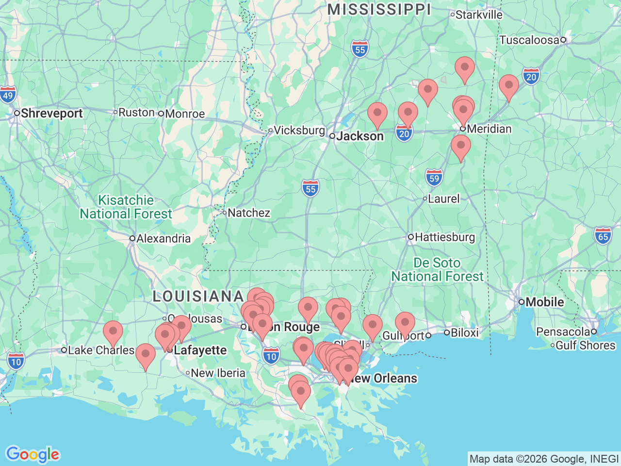 Map of Ochsner-affiliated facilities that provide services related to Diabetes Care and Education