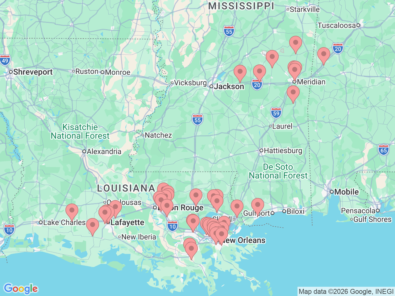 Map of Ochsner-affiliated facilities that provide services related to Diabetes Care and Education