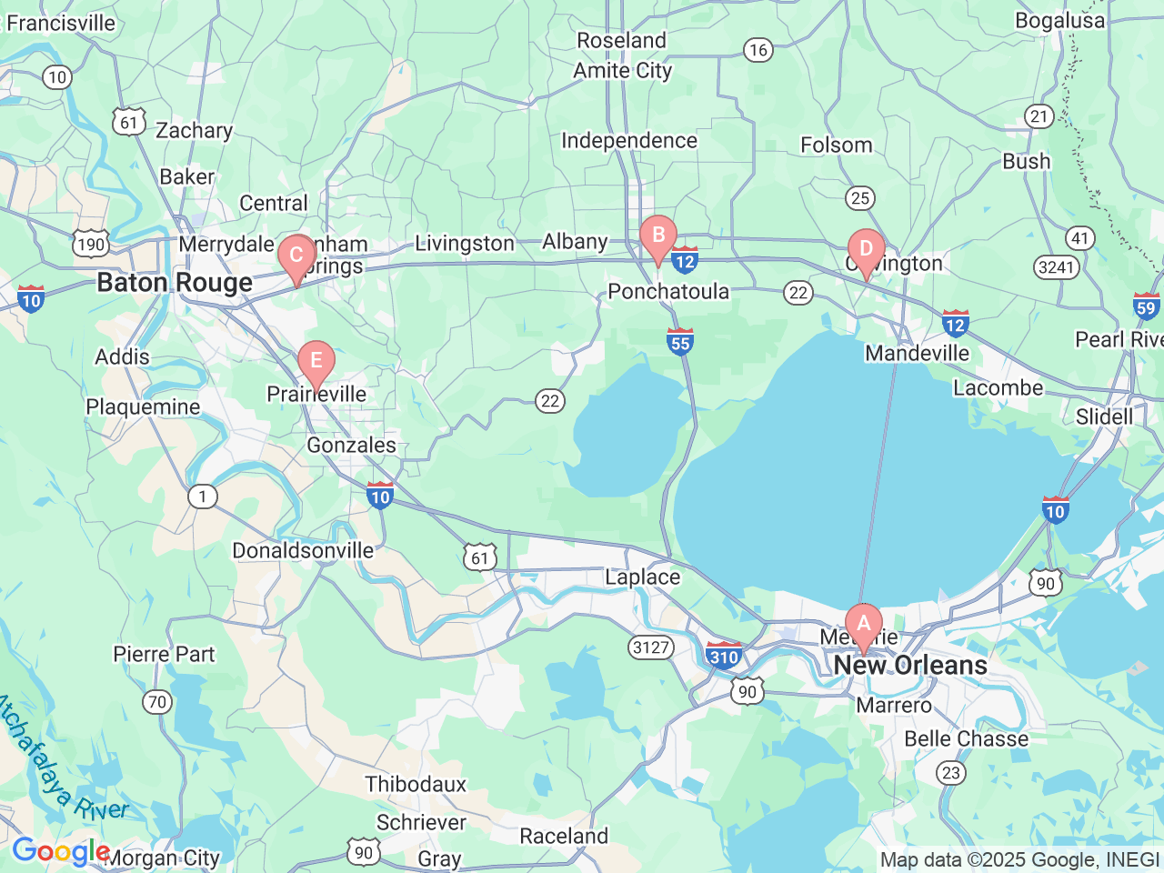 Map of Ochsner-affiliated facilities that provide services related to Digestive Disease Center