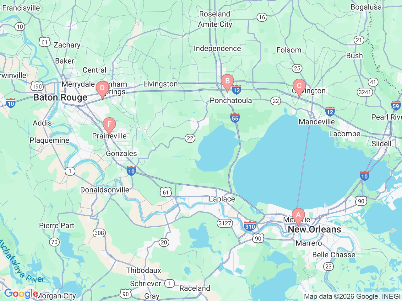 Map of Ochsner-affiliated facilities that provide services related to Digestive Disease Center
