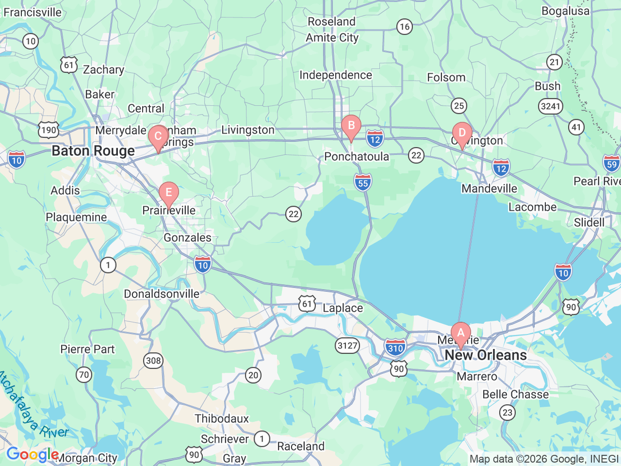 Map of Ochsner-affiliated facilities that provide services related to Digestive Disease Center