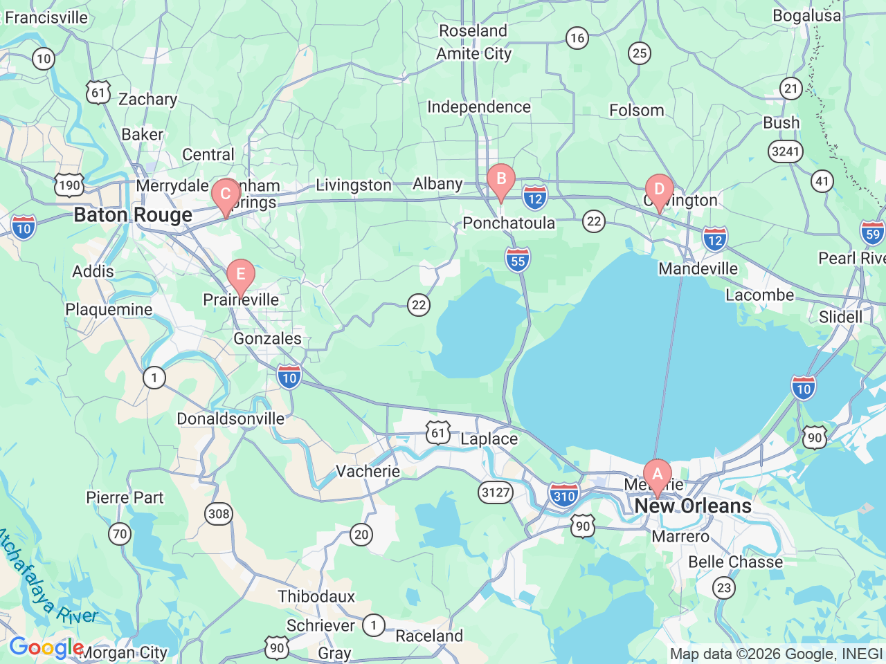 Map of Ochsner-affiliated facilities that provide services related to Digestive Disease Center