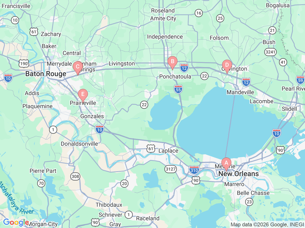 Map of Ochsner-affiliated facilities that provide services related to Digestive Disease Center