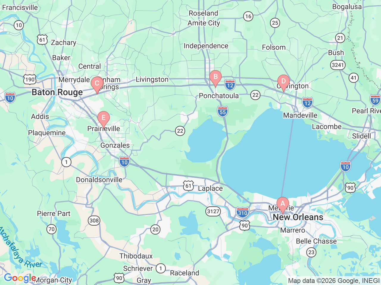 Map of Ochsner-affiliated facilities that provide services related to Digestive Disease Center