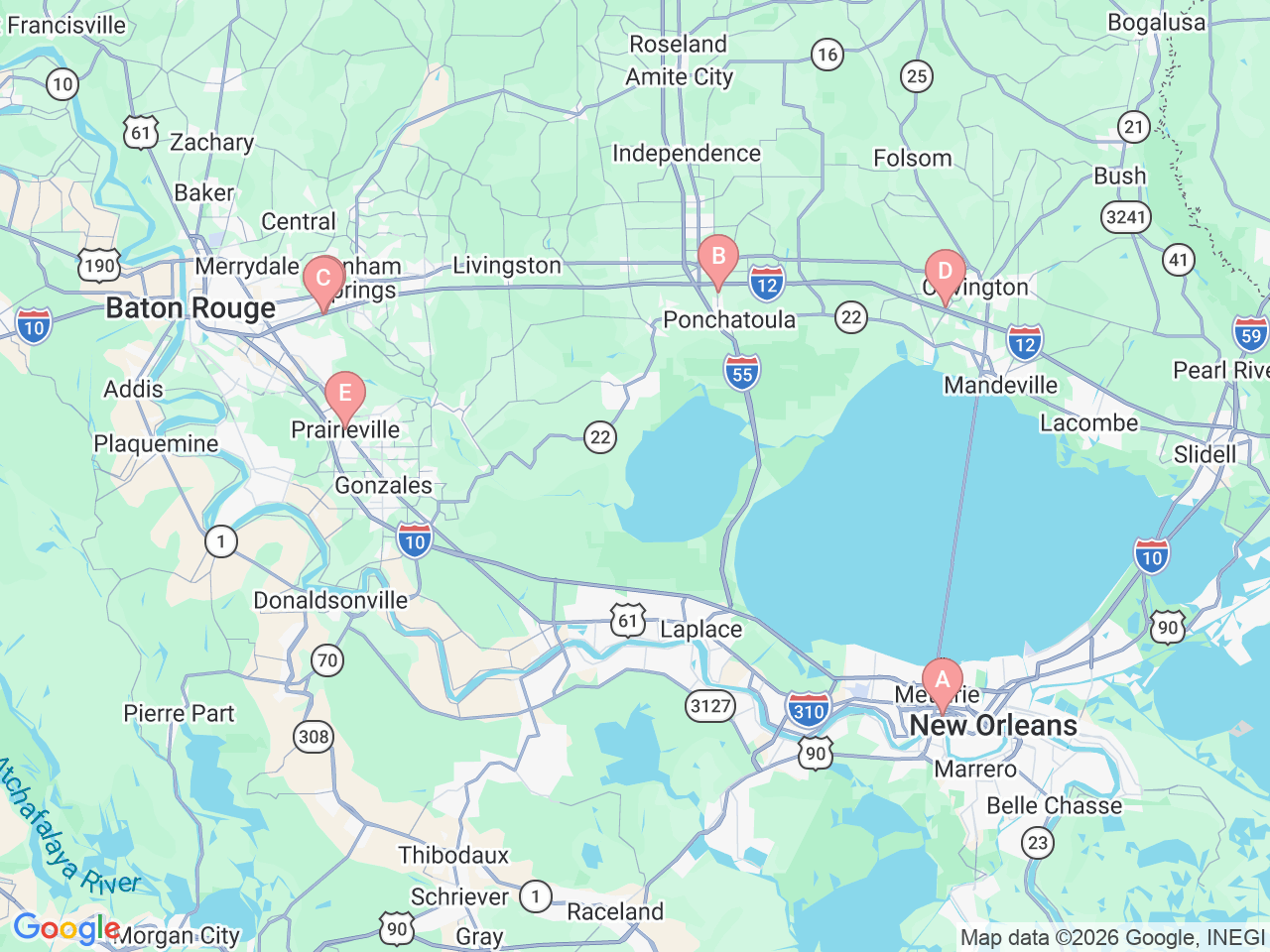 Map of Ochsner-affiliated facilities that provide services related to Digestive Disease Center