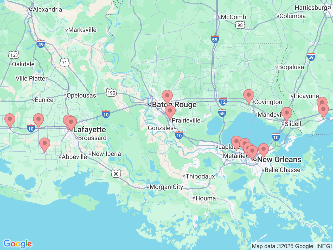 Map of Ochsner-affiliated facilities that provide services related to Ear, Nose and Throat (ENT) Care