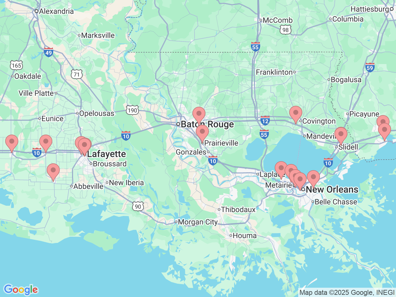 Map of Ochsner-affiliated facilities that provide services related to Ear, Nose and Throat (ENT) Care
