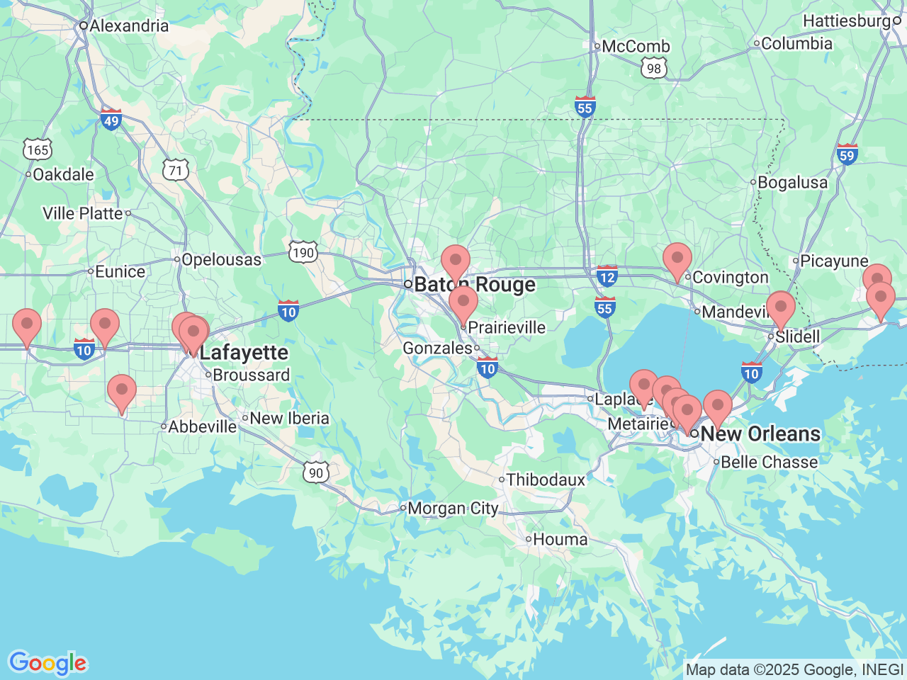 Map of Ochsner-affiliated facilities that provide services related to Ear, Nose and Throat (ENT) Care
