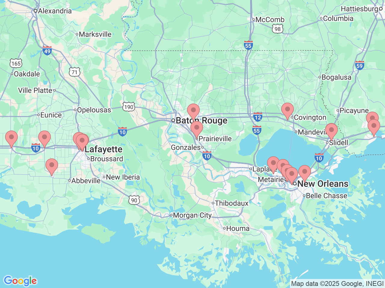 Map of Ochsner-affiliated facilities that provide services related to Ear, Nose and Throat (ENT) Care