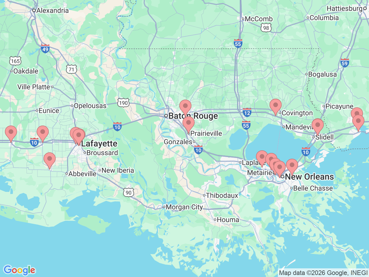 Map of Ochsner-affiliated facilities that provide services related to Ear, Nose and Throat (ENT) Care