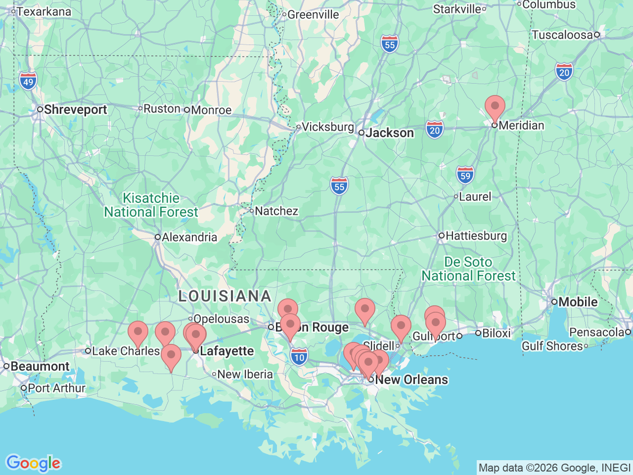 Map of Ochsner-affiliated facilities that provide services related to Ear, Nose and Throat (ENT) Care