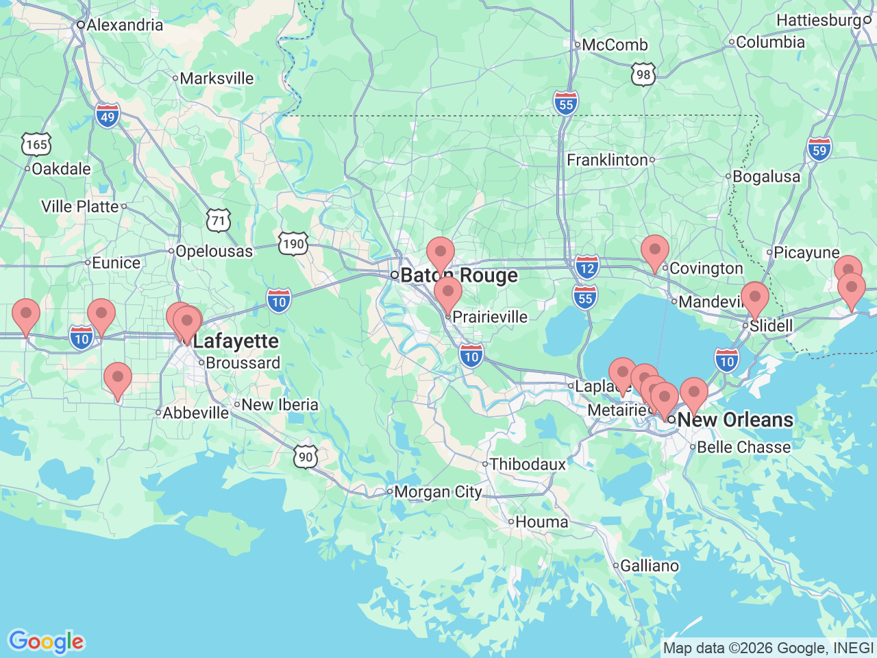 Map of Ochsner-affiliated facilities that provide services related to Ear, Nose and Throat (ENT) Care