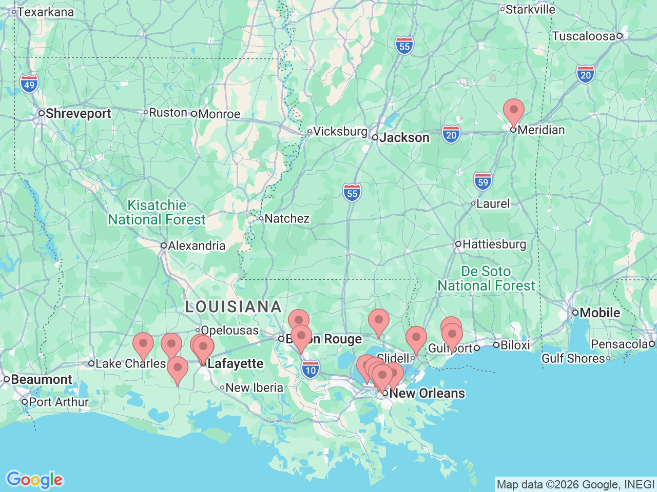 Map of Ochsner-affiliated facilities that provide services related to Ear, Nose and Throat (ENT) Care