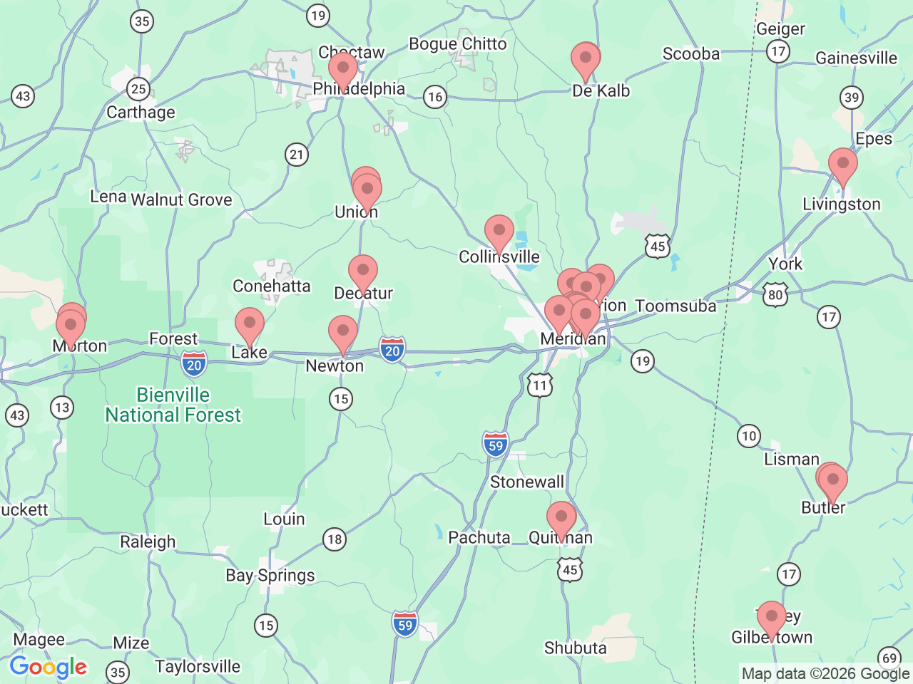 Map of Ochsner-affiliated facilities that provide services related to East Mississippi and West Alabama