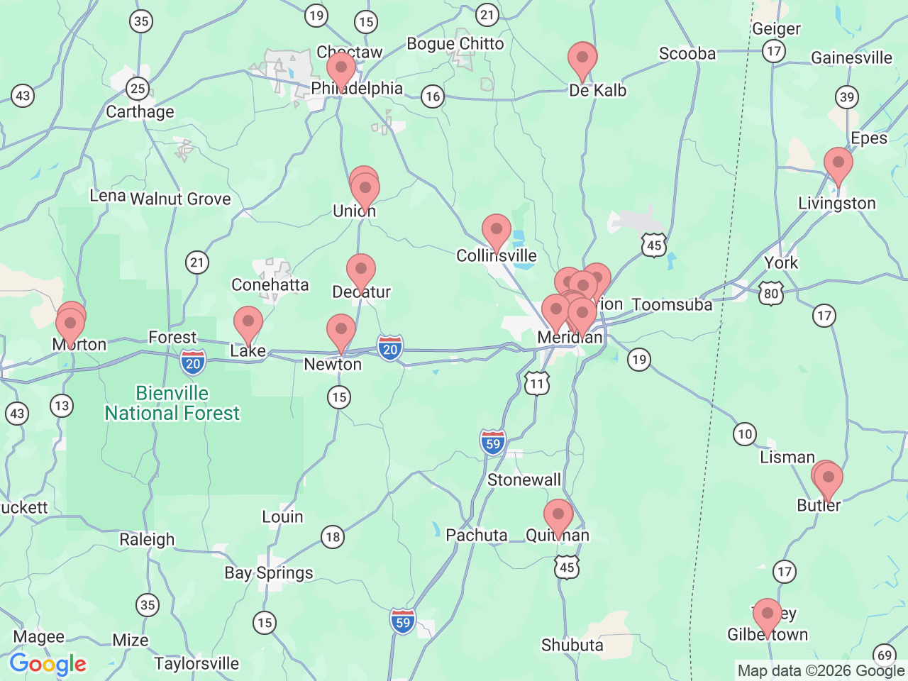 Map of Ochsner-affiliated facilities that provide services related to East Mississippi and West Alabama
