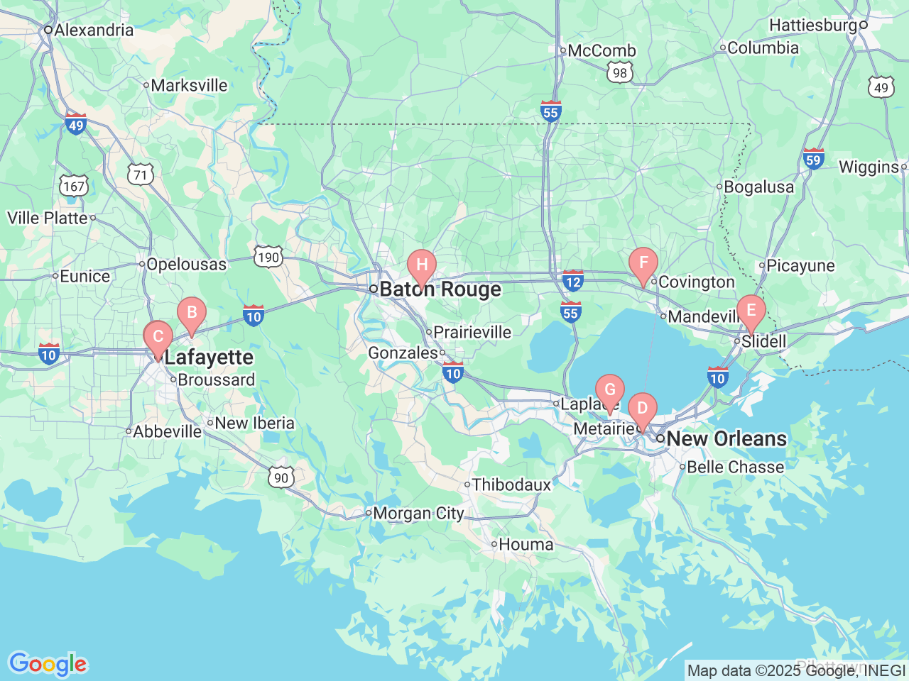 Map of Ochsner-affiliated facilities that provide services related to Electrophysiology and Heart Rhythm Disorders