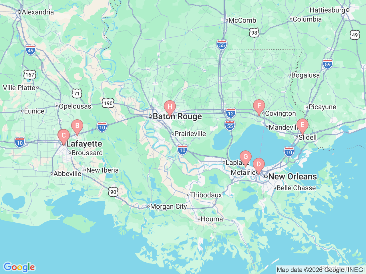 Map of Ochsner-affiliated facilities that provide services related to Electrophysiology and Heart Rhythm Disorders