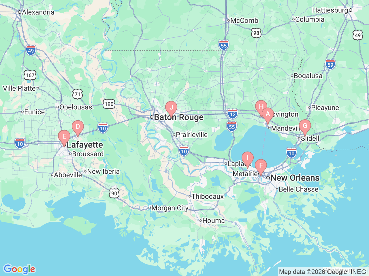 Map of Ochsner-affiliated facilities that provide services related to Electrophysiology and Heart Rhythm Disorders