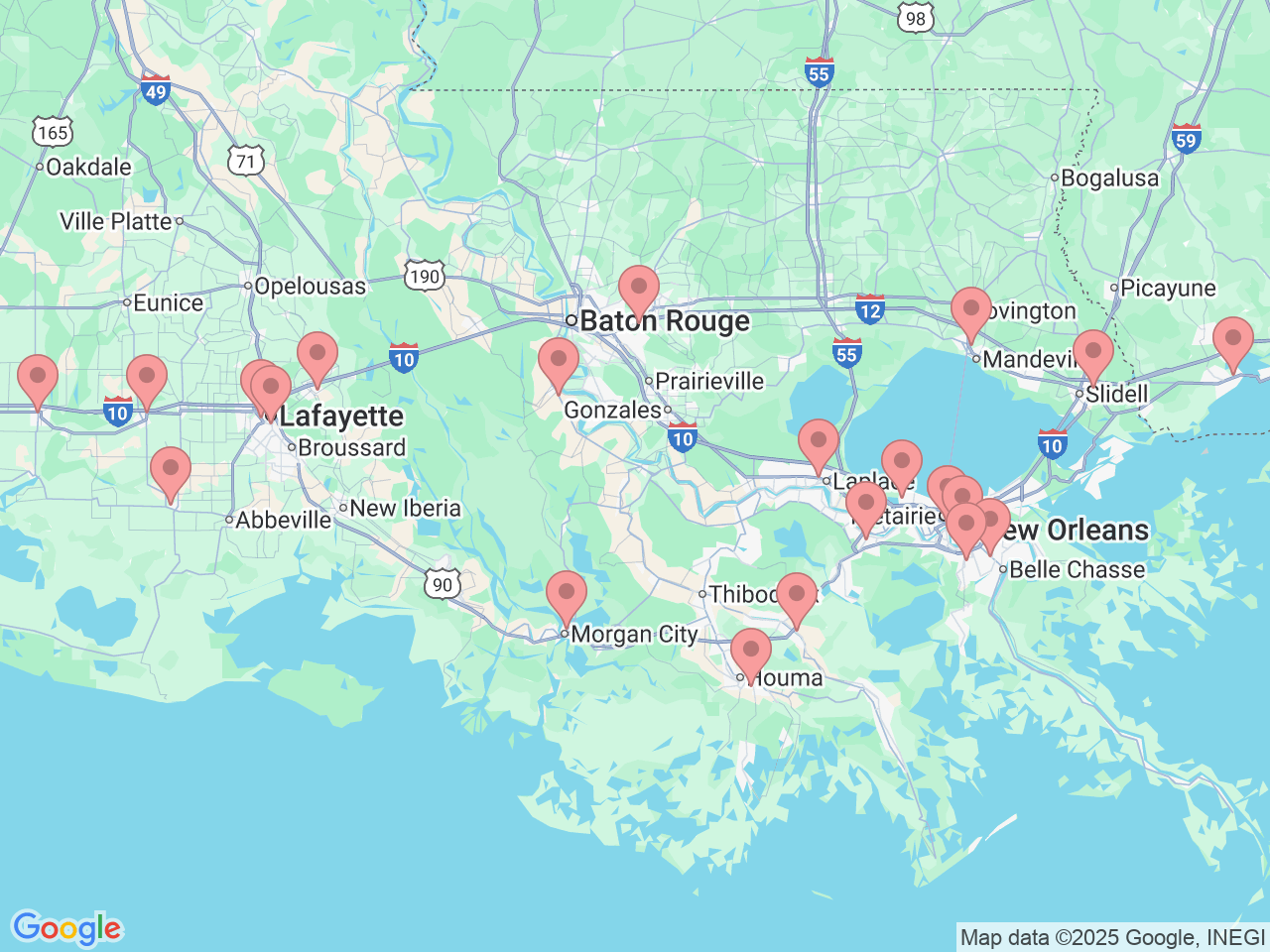 Map of Ochsner-affiliated facilities that provide services related to Emergency Medicine & Emergency Departments