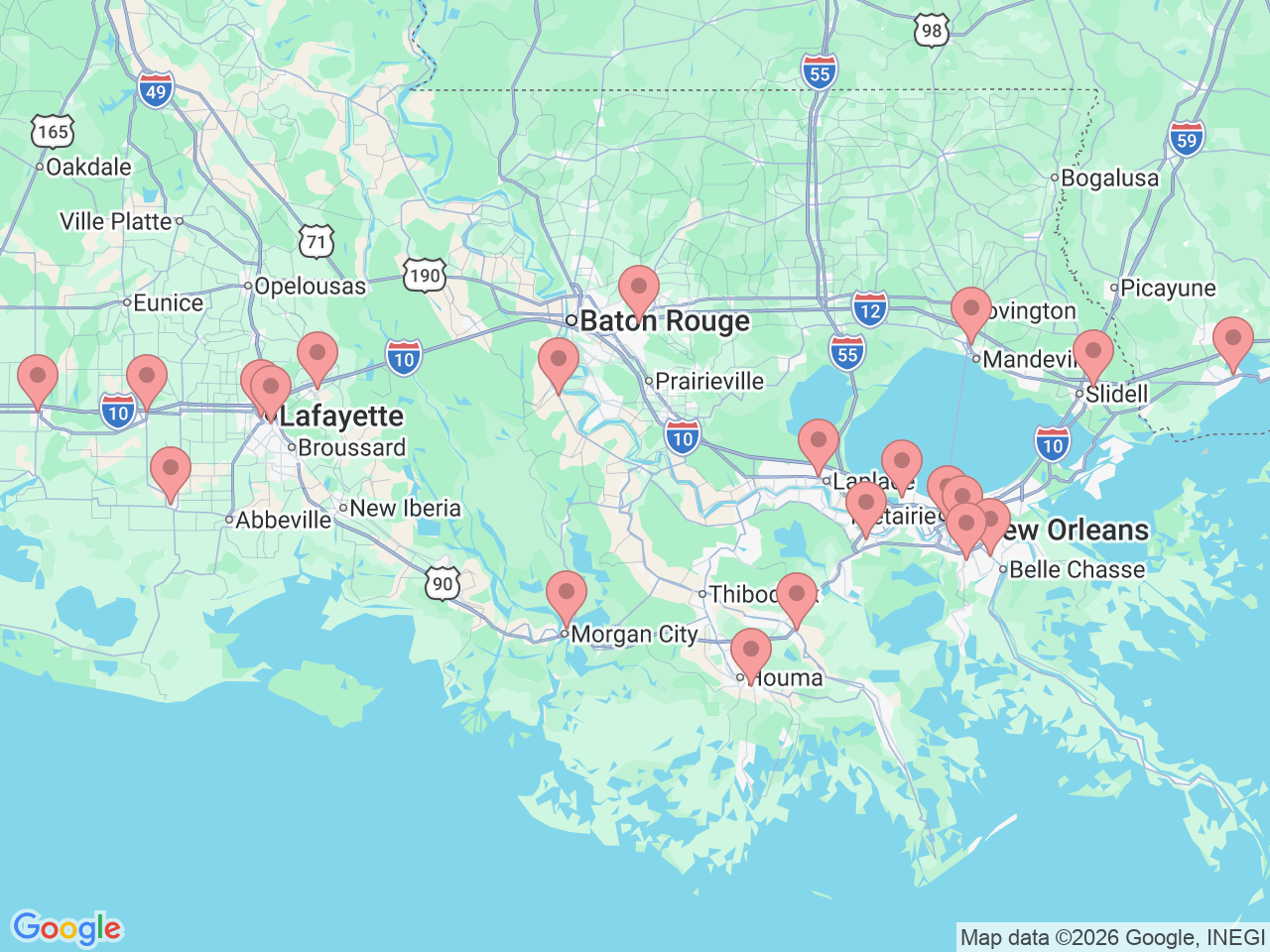 Map of Ochsner-affiliated facilities that provide services related to Emergency Medicine & Emergency Departments