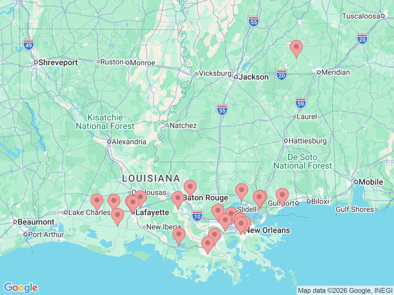 Map of Ochsner-affiliated facilities that provide services related to Emergency Medicine & Emergency Departments